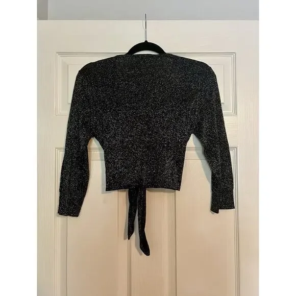 Expression Black And Silver Glitter Metallic Open Front Short Cardigan Size 12 - Picture 3 of 6